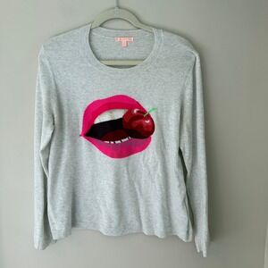 Lisa Todd Womens Grey Cotton Knit Cherry Lips Graphic Sweater Large Pop Art Top